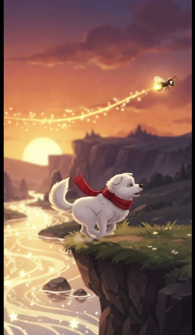Un perrito con bufanda roja sigue una luciérnaga en un paisaje fantástico